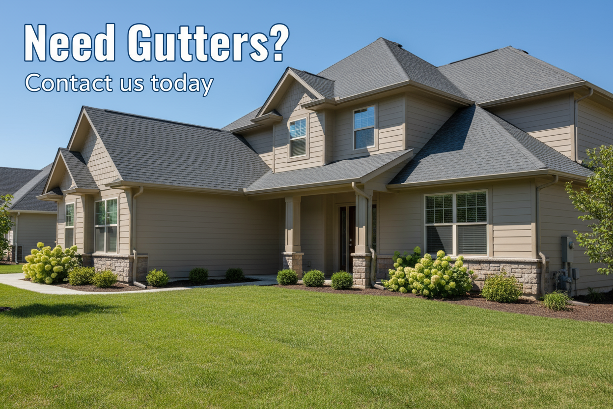 a marketing image with house gutters and  the wording "Need Gutters?" Contact us today